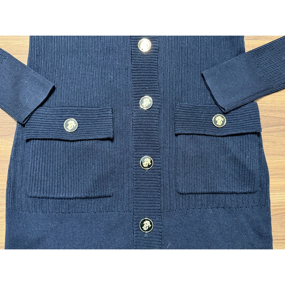 Tory Burch Marcia Navy Wool Ribbed Longline Cardigan Sweater Gold Buttons Sz M - Picture 2 of 9